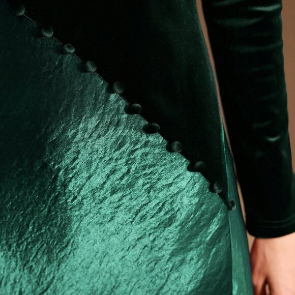 Dark Green Elegant Women's Velvet & Satin Patchwork Split Hem Dress - Picture 2 of 6